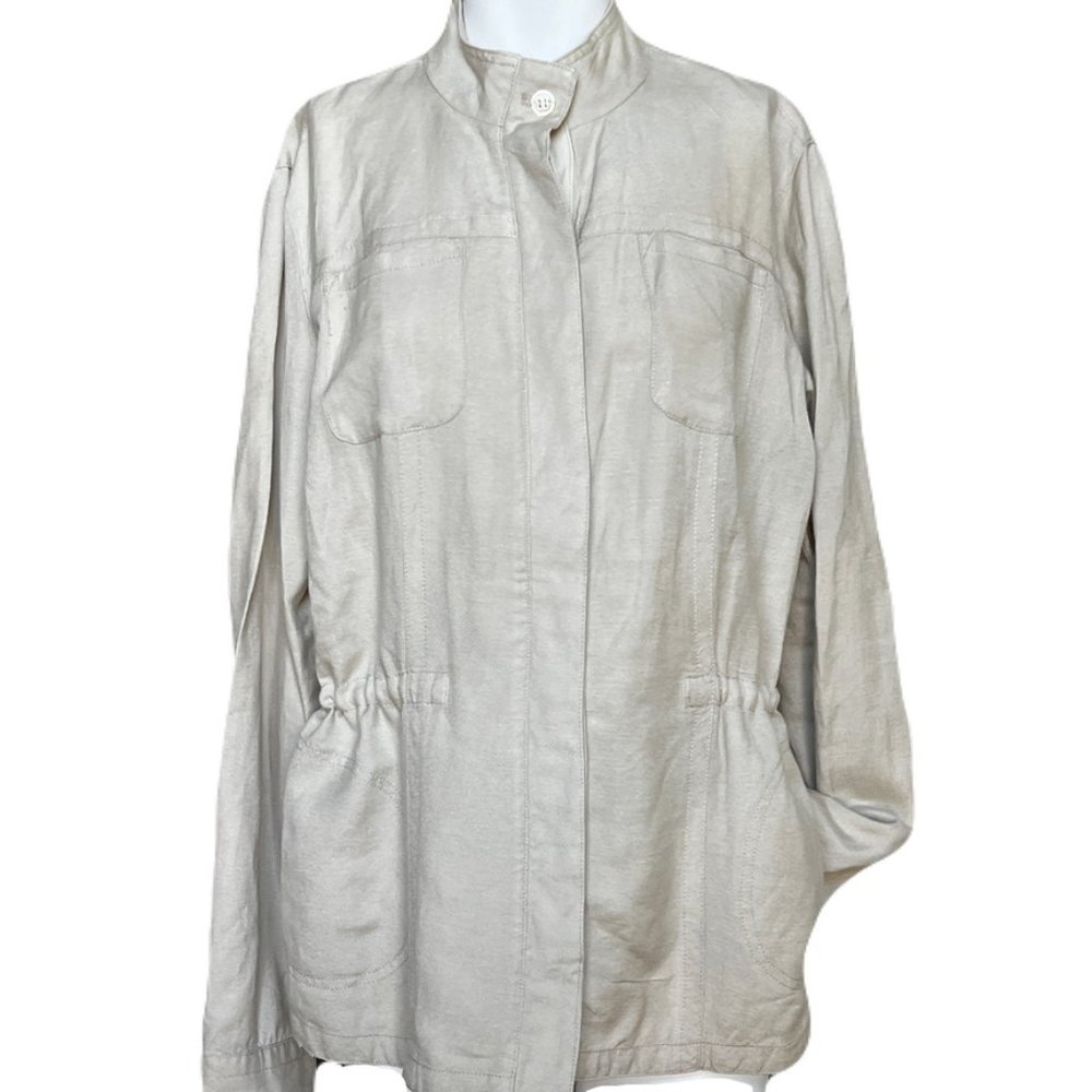 J. Mclaughlin Skye Linen Blend Band Collar Drawstring Belted Bush Jacket…